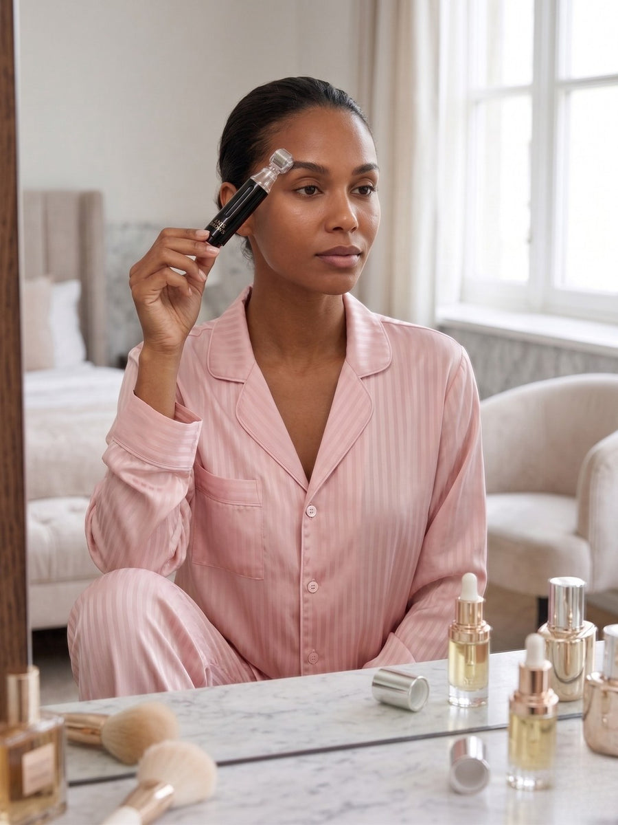 A woman gliding the Anis Brows micro-roller along her brow at her vanity