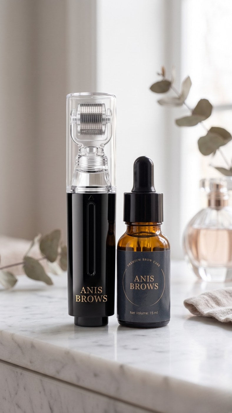The Anis Brows micro-roller and 15 mL conditioning serum on a marble vanity