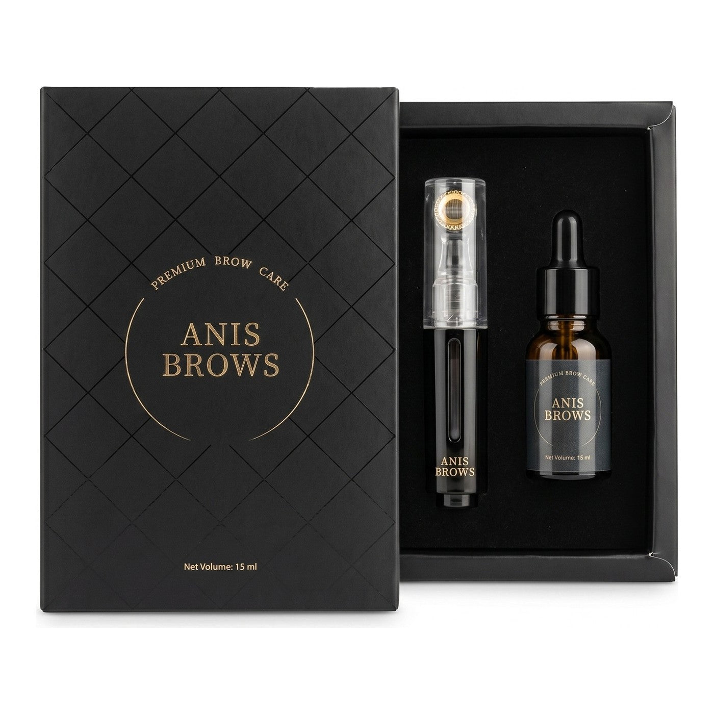 The Anis Brows keepsake box with precision roller and conditioning serum