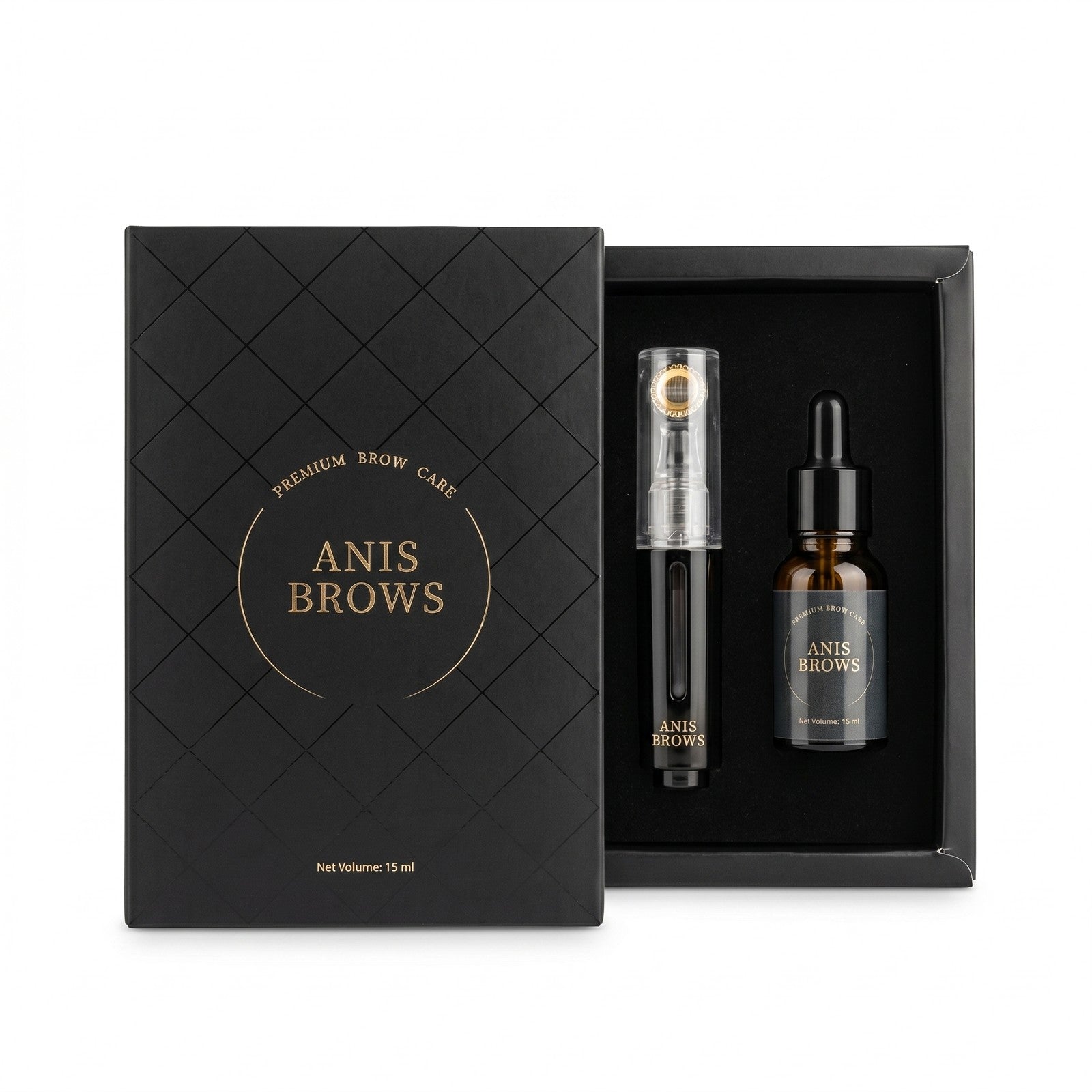 The complete Anis Brows set — natural growth serum and serum-infused roller in the gift box